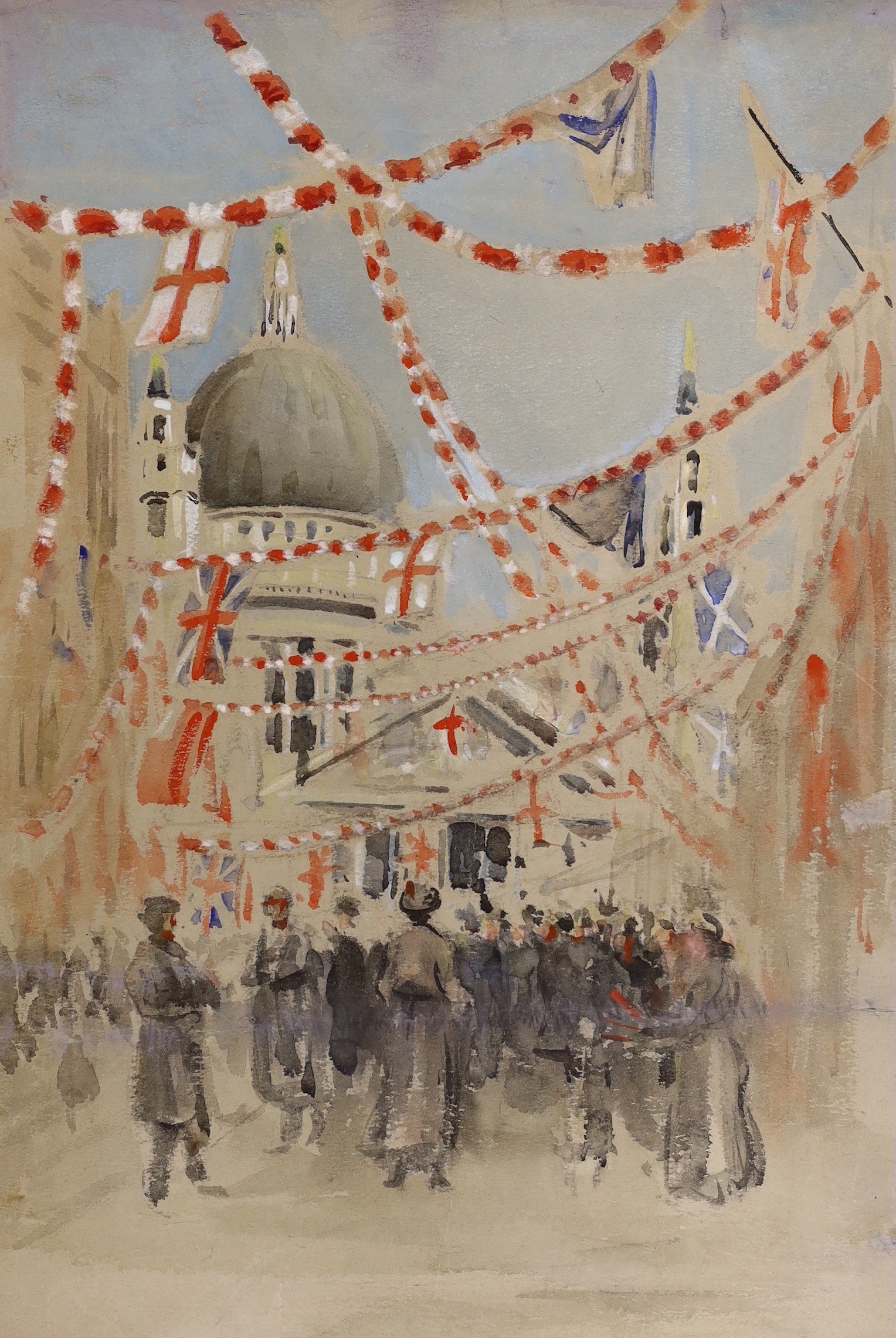 Ernest Thesiger (1879-1961), two watercolours, 'St Paul's during VE Day Celebrations' and 'Holborn Church in Ruins', one signed, largest 57 x 39cm, unframed